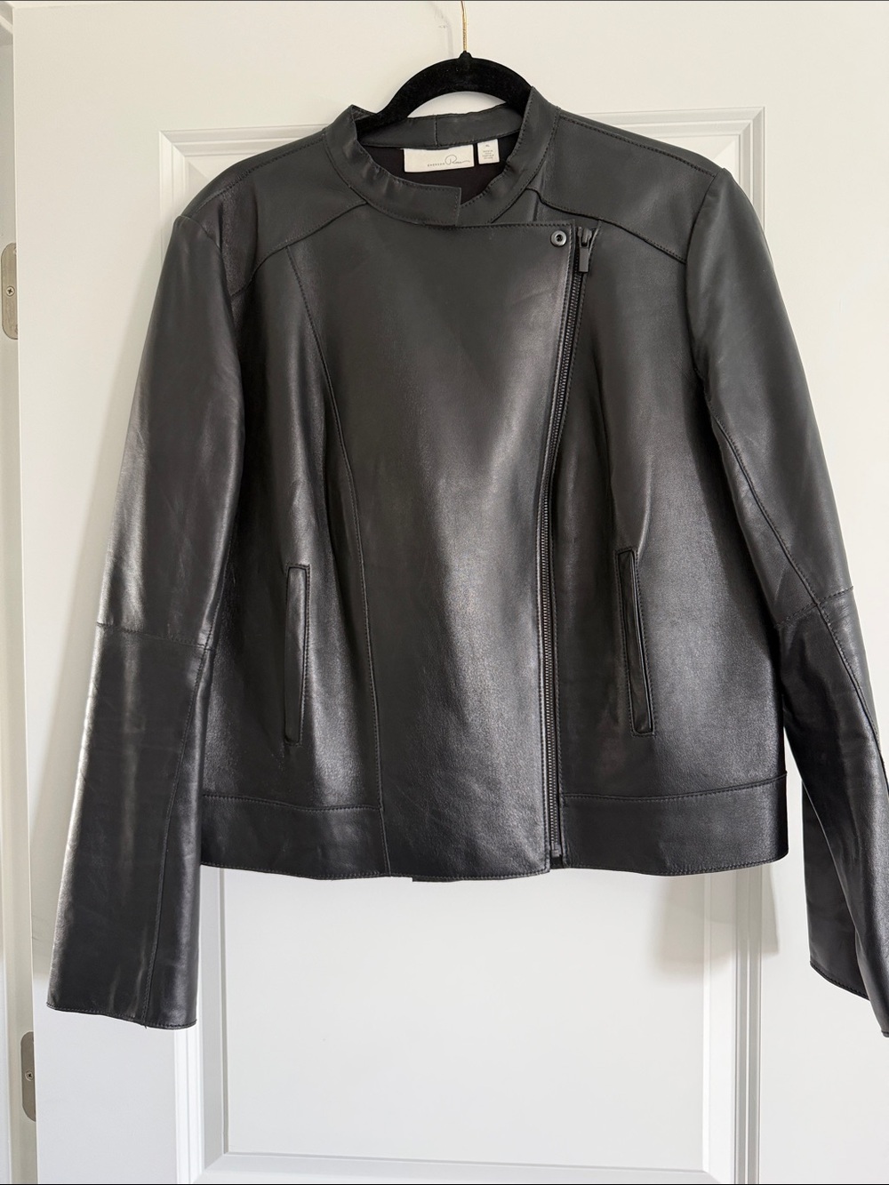 Women's Black Leather Asymmetric Zip Jacket by